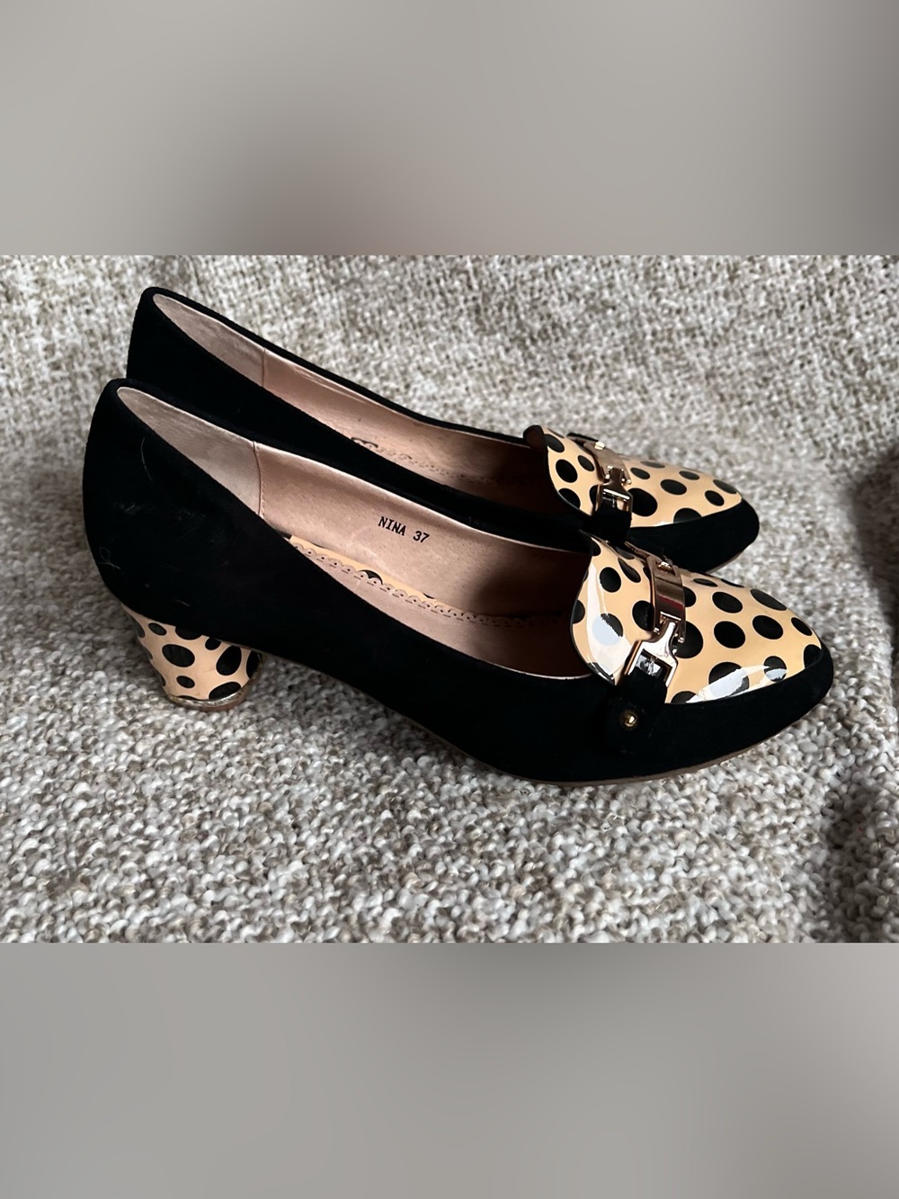 6.5-7 Kiss Kiss Shoes Italy "Nina" Polka Dot Horsebit Loafer Pumps